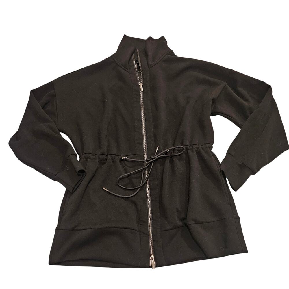 Scoop Women’s Medium Black Zip Front Jacket Drawstring Waist Mock Neck Athleisur